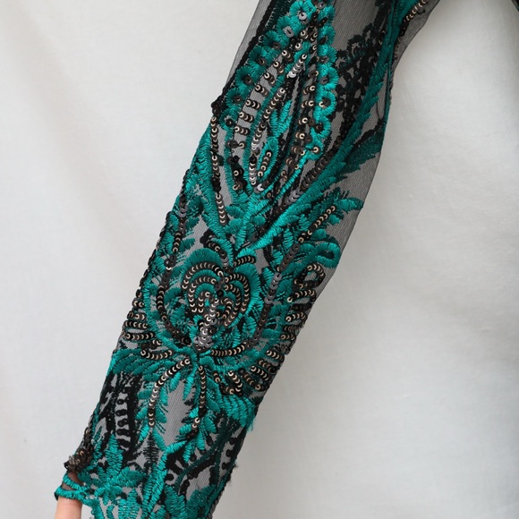 CBR Emerald green sequinned embroidered mesh dress gold detail black cocktail S - Picture 9 of 10